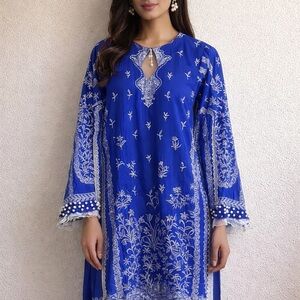 Sana Safinaz Women Medium Blue Embroidered Georgette Crepe Silk Kurti
